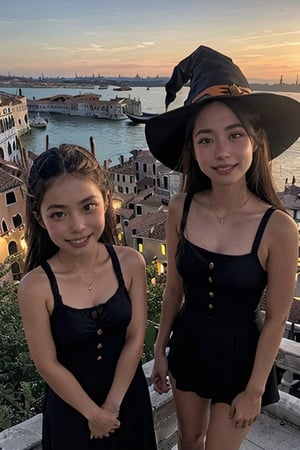 Masterpiece, Top quality, (Venice, port city, dusk), Hiking together, ((5girls1.4)), (Young girl 6 years old), witch girl,witch's clothes, witch's hat, Sunset, (Front), Smile,an angle overlooking the city from the top of the hill,Happy Halloween,TRICK OR TREAT,
