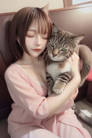mikas
A beautiful lady in a nightgown who loves her pet cat and always sleeps with it is happily sleeping while hugging the cat.