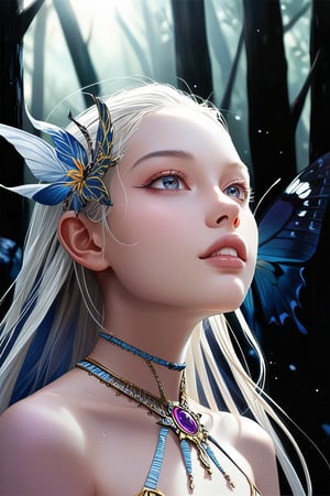 Anya Taylor-Joy as an albino Na'vi stands in a profile view, her ((white skin)) glistening with dew-kissed moisture. Her ((albinism)) affects her ((long straight hair)), which falls like silk across her back, framing her striking features. Her ((purple colored eyes)) seem to hold a deep wisdom, their brightness accentuated by the subtle pale ((barely visible) stripes)) that adorn her cheeks and forehead. A soft smile plays on her lips, revealing ((pointy teeth)) that seem almost otherworldly. The lighting is warm and golden, casting a flattering glow across her features. The camera captures her in stunning HD quality, with extreme attention to detail and realistic_eyes that appear almost lifelike. In the background, the lush Na'vi landscape stretches out, a testament to the beauty of this fictional world.