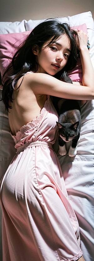 mikas A beautiful lady in a nightgown who loves her pet cat and always sleeps with it is happily sleeping while hugging the cat.
