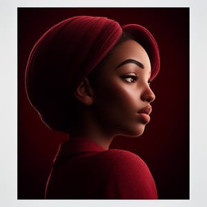 monocolor profile portrait of a beautiful african woman, coral key light, crimson back light, burgundy red fill light, glamor, high fashion, photo