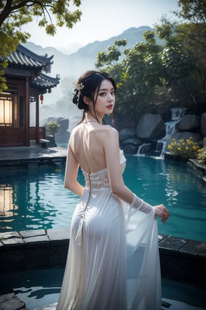 A serene Chinese beauty stands waist-deep in an ancient water pool, surrounded by lush white lotus leaves. Her long, straight hair cascades down her back like a waterfall, with subtle wetness and gentle waves. Her brown eyes gaze softly into the distance as she stands poised, one hand resting on the pool's edge. The Ancient Chinese mountain view backdrop is shrouded in misty darkness, punctuated by the soft glow of lanterns within the Xuer Palace gate. The dynamic composition features a perfect split lighting effect, with the beauty's wet hanfu and dudou-clad form illuminated from above, creating an ethereal ambiance.