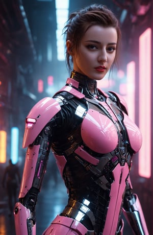 female cg model half robot half human, robotic body with biomechanical details, hyper realistic skin bio luminesant, wearing futuristic cyberpunk clothes stands in the futuristic environment, in the Blade Runner Movie style, pink lens flare, ultra realistic, high detail, futuristic sci-fi, style raw.,Dilireba