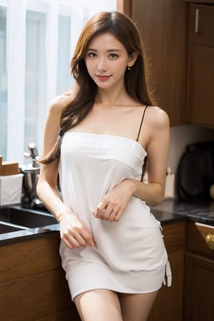 A stunning 8k UHD photograph of a 25-year-old Chinese girl, captured with the Fujifilm XT3. The subject's slender physique and clear skin are showcased in a full-body portrait, set against the backdrop of a modern kitchen with a naked apron hanging in the background. Her long hair is styled in a braid, framing her dream-like features. She poses with confidence, hand on hip, fingers perfectly manicured with detailed fingernails. Her legs, toned and natural-looking, are highlighted by the dynamic expression on her face, complete with a captivating smile that seems to dance in her eyes. The soft flash illuminates the scene, adding a touch of film grain texture to the overall high-quality image.