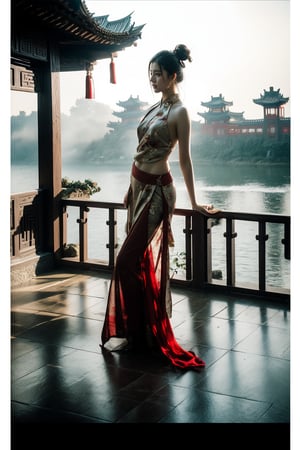 Exquisite 8K shot of a stunning 18-year-old Chinese female, solo and serene against the majestic backdrop of an ancient Chinese royal palace. She floats effortlessly in the water, her wet red Hanfu skirt fluttering in the wind. Her brown hair flows freely, with a courtstyle cap adorned with ornaments, framing her angelic face. Her piercing brown eyes sparkle with a subtle tease, as her full lips curve into a sly smile. Her long legs and perfect hands, complete with detailed fingernails, are showcased in a dramatic pose, with the palace's intricately carved stones and ancient Chinese garden providing a breathtaking setting. The flash illuminates her icy eyeshadow and pale skin, while her hidden hand and perfectly positioned fingers add an air of mystique. A dream_ girl come to life, this vision of loveliness exudes sensuality and sophistication.