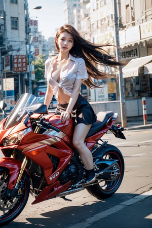 A stunning 8K UHD portrait of a 17-year-old Chinese girl on a sporty motorcycle, with her long brown hair blowing in the wind. She's wearing a school uniform, with the shirt partially unbuttoned, revealing her natural skin and perfect breasts. Her clear skin glistens under the sunlight, and her dynamic expression radiates confidence and sassiness. Her eyes sparkle with a smile, as she looks directly at the viewer, her brown eyes gleaming with a mischievous glint. The camera captures every detail of her hands, fingernails, and legs in high definition, against the bright blue sky and Hong Kong street backdrop.