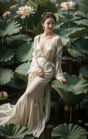 Masterpiece, Best Quality, 18yo Chinese girl, ((model pose)), (elegant pose), (Showing Cleavage), wearing a see_through white hanfu, nipples poke, wearing vintage Chinese earrings, with a large aperture portrait lens, embroidered flower patterns, very_long_hair, hair past hip, hair blowing in the wind, ((naked)),  (nude), full shot,  full nude,  full naked,  pussy, clean skin,  curved body,  (full body shot),  tiny bast,  tiny chest,  tiny breast,  middle brests,  pubic_hair,  hairy_pussy, Camel toe, tender pussy, Gaping pussy, detailed pussy, see_through cape, eyes smile, hair blowing in the wind, hand in own hair, beehive, big bun, hair ornament, very_long_hair, hair past hip, curly hair, (wet:0.9), (wet clothes:0.9), bath, 1girl, (look at the viewer:1.2), body facing viewer, breast facing to camera, (cowboy shot:1.2),(masterpiece, best quality, highres:1.2),minimalism,realistic,1 girl,solo, prefect_hand, prefect_legs, full body,(giant lotus leaf:1.1),(lotus leaves:1.1), look at viewer, xuer Lotus leaf