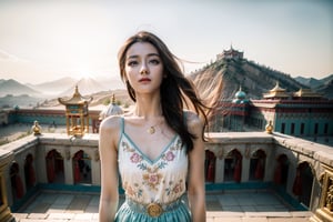 Here's a high-quality RAW prompt for your desired image:

A stunning 18-year-old Chinese Xinjiang female with slender body and delicate features poses solo amidst breathtaking scenery. Her long hair flows in the gentle wind as she stands arms wide open, gazing up at the awe-inspiring view of the Xinjiang Palace. The golden sunlight illuminates her vibrant dress adorned with colorful patterns and intricate embroidery, complementing the turquoise necklace and silver jewelry around her neck. Her pale skin glows softly, with a forehead mark adding a touch of uniqueness to her innocent expression. Icy eyeshadow and long eyelashes frame her piercing blue eyes, which sparkle with amazement as she takes in the sacred atmosphere of the palace and the Xinjiang mountains in the background. Prayer flags flutter gently in the breeze, exuding a sense of tranquility and cultural heritage. The camera captures every exquisite detail, from the intricate textures to the sharp focus on her face, eyes, and fingers. The high-resolution image showcases her detailed skin, perfect hand, and long legs, as well as her dreamy gaze and subtle smile. Framed by the palace's architectural marvels, this stunning beauty embodies a sense of spiritual quest, radiating an aura of serenity and peacefulness.