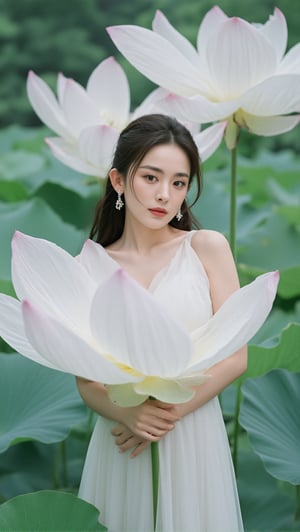 A Chinese beauty, dressed in a flowing white gauze, stands in the center of an oversized white lotus, surrounded by white lotus leaves. The background is rich in detail and dreamy scenes. The makeup is exquisite and the posture is elegant. 