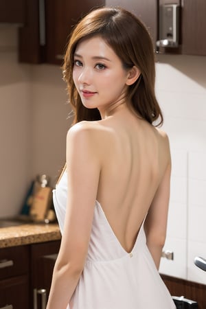 A sensual 8k UHD portrait of a stunning 25-year-old Chinese girl, captured with the Fujifilm XT3's high-quality sensor. The subject, known as the 'dream girl,' poses effortlessly in a model kitchen setting, wearing nothing but a naked apron and exuding confidence. Her slender physique is accentuated by the perfect pose, while her long hair cascades down her back like a golden waterfall. A braided updo adds a touch of elegance to her features, which are illuminated by soft flash lighting that highlights her dreamy eyes, detailed fingernails, and inviting smile. The composition is masterfully framed, with a shallow depth of field blurring the kitchen background, emphasizing the subject's captivating presence.