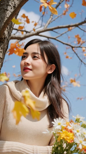 The photograph captures a young woman standing next to a tree in an autumn setting. She is wearing a cream-colored, long-sleeved sweater and a matching knit scarf. Her long, dark brown hair cascades down her shoulders as she gazes up and to the right with a smile, her red lipstick adding a pop of color to her face. In her arms, she holds a vibrant bouquet of flowers, featuring yellow, orange, and white blooms. The background showcases a clear blue sky with a few clouds, and orange and yellow leaves are gently falling around her, enhancing the autumnal atmosphere. The tree trunk to her left is visible, contributing to the serene and picturesque scene. The overall composition suggests that the image may have been digitally enhanced, as the colors appear particularly vivid and harmonious.