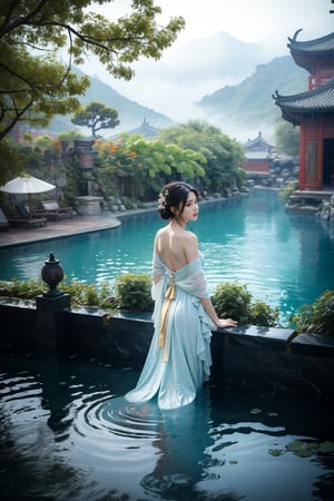 A serene Chinese beauty stands waist-deep in an ancient water pool, surrounded by lush white lotus leaves. Her long, straight hair cascades down her back like a waterfall, with subtle wetness and gentle waves. Her brown eyes gaze softly into the distance as she stands poised, one hand resting on the pool's edge. The Ancient Chinese mountain view backdrop is shrouded in misty darkness, punctuated by the soft glow of lanterns within the Xuer Palace gate. The dynamic composition features a perfect split lighting effect, with the beauty's wet hanfu and dudou-clad form illuminated from above, creating an ethereal ambiance.