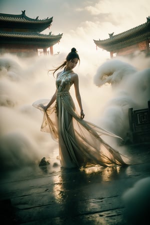 Exquisite 8K shot of a stunning 18-year-old Chinese female, solo and serene against the majestic backdrop of an ancient Chinese royal palace. She floats effortlessly in the water, her wet red Hanfu skirt fluttering in the wind. Her brown hair flows freely, with a courtstyle cap adorned with ornaments, framing her angelic face. Her piercing brown eyes sparkle with a subtle tease, as her full lips curve into a sly smile. Her long legs and perfect hands, complete with detailed fingernails, are showcased in a dramatic pose, with the palace's intricately carved stones and ancient Chinese garden providing a breathtaking setting. The flash illuminates her icy eyeshadow and pale skin, while her hidden hand and perfectly positioned fingers add an air of mystique. A dream_ girl come to life, this vision of loveliness exudes sensuality and sophistication.