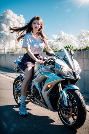 Here is the SD prompt:

A stunning 8K UHD full-body portrait of a 17-year-old Chinese girl riding a sporty motorcycle on a sunny Hong Kong street. Her long, brown hair blows in the wind as she gazes directly at the viewer with a radiant smile and sparkling eyes. She wears a plaid school uniform skirt, white shirt, and knee-high socks with sneakers, her hands gripping the handlebars with perfect precision. The camera captures every detail of her natural skin, detailed fingernails, and athletic legs. The bright blue sky and fluffy cloud provide a stunning backdrop for this dynamic portrait, captured on Fujifilm XT3 with a touch of film grain and a hint of flash.