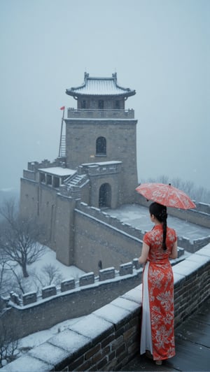 Realistic depiction of a stunning Chinese beauty standing atop the iconic Beacon Tower of the Great Wall, enveloped in a traditional cheongsam dress, its sleeves elegantly dropped to reveal toned arms. She holds an oil paper umbrella against the gentle snowfall, as flakes gently dance around her. The tower's rugged stone and watchtower's wooden slats provide a striking contrast to the serene winter wonderland below, where snow-covered grounds stretch out like a vast canvas.