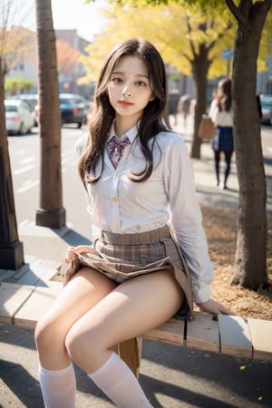 Here is a prompt for you:

Cinematic shot of a stunning 16-year-old Chinese supermodel with petite features, exuding feminine charm. She wears a plaid school uniform, blazer, and knee-high socks, sitting on a chair in an urban garden with cafes and flower shops beneath the canopy of trees and sunshades. Her long, curly brown hair flows past her waist like a waterfall, framing her innocent facial expression and beautiful eyes that smile subtly at the viewer. A slight dreamy haze from film grain effect adds to the ultra-realistic photograph's mystique. The vibrant light and shadow dance across her face and body, accentuating the exquisite details and textures of her skin and clothing. Her brown eyes sparkle with a hint of mischief as she gazes directly at the camera, her lips curled into a playful smile. In the background, a row of cafes elbow each other beneath the trees, their iron roundtables and chairs adding to the autumnal atmosphere. The overall mood is one of carefree, youthful joy, captured in this ultra-realistic photograph with pastel-colored bokeh and an 66mm film analog photography aesthetic.