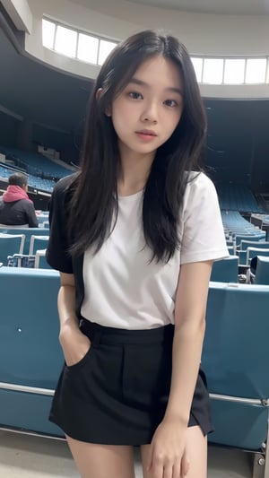 standing, stadium, micro mini skirt, 28 year old