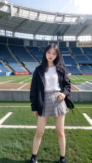 standing, stadium, micro mini skirt, 28 year old