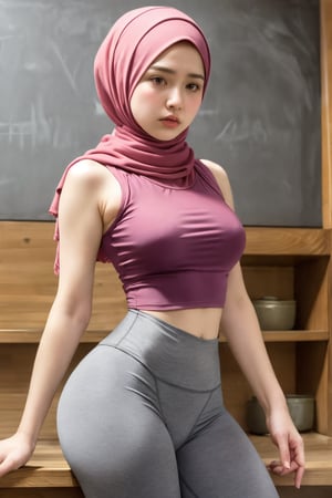 ((young woman aged 15 years)) wearing a pink hijab, tight pink clothes, gray leggings, sad face, shy, indoor theme surrounded by old men