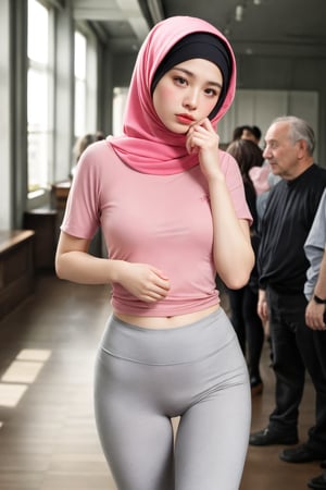 ((young woman aged 15 years)) wearing a pink hijab, tight pink clothes, gray leggings, sad face, shy, indoor theme surrounded by old men