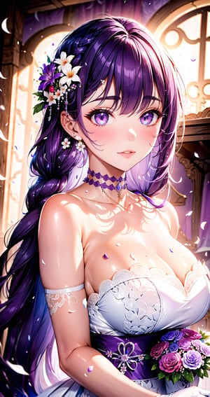 1girl, solo, long hair, breasts, looking at viewer, bangs, large breasts, hair ornament, gloves, dress, holding, cleavage, bare shoulders, purple eyes, purple hair, braid, flower, choker, elbow gloves, white gloves, hair flower, white dress, mole, petals, mole under eye, rose, strapless dress, braided ponytail, bouquet, wedding dress, purple flower, bride, raiden shogun