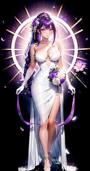 1girl, solo, long hair, breasts, looking at viewer, bangs, large breasts, hair ornament, gloves, dress, holding, cleavage, bare shoulders, purple eyes, purple hair, braid, flower, choker, elbow gloves, white gloves, hair flower, white dress, mole, petals, mole under eye, rose, strapless dress, braided ponytail, bouquet, wedding dress, purple flower, bride, raiden shogun, (full_body_picture:1.5)