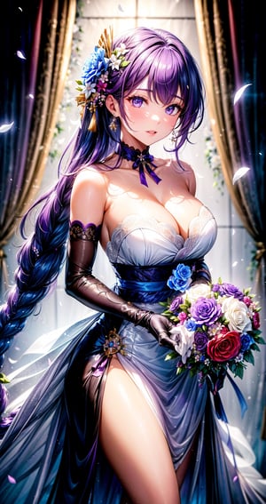 1girl, solo, long hair, breasts, looking at viewer, bangs, large breasts, hair ornament, gloves, dress, holding, cleavage, bare shoulders, purple eyes, purple hair, braid, flower, choker, elbow gloves, white gloves, hair flower, white dress, petals, rose, strapless dress, braided ponytail, bouquet, wedding dress, purple flower, bride, raiden shogun, (3/4_body_picture:1.5)