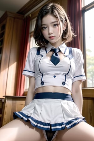 1 young girl, super beautiful and detailed face, pretty short hair, staring at me, original photo, (best quality: 1.2), mastepiece, 16 K, high details, high resolution, highest quality, HD original color photo, professional Photography, movie lighting, (exquisite face: 1.2), (open-chested high school uniform: 1.7), (exposed beautiful breasts), no underwear, miniskirt, classroom, (spread legs), ((background blur))) ), depth of field, (viewed from below: 1.2),taaarannn
