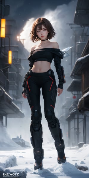 Special operation agent, futuristic tactical black suite, extra detailed, detailed anatomy, detailed face, detailed eyes,8k, RAW Photo, Best Quality, Masterpiece,Realism, extra detailed,detailed anatomy, detailed face, detailed eyes, 1 girl, short brown hair, Glare Eyes, Cute Face., stunning anime face portrait, beautiful seductive anime girl,beautiful anime portrait, beautiful anime girl,beautiful off futuristic, brown eyes, off shoulder, crop top, sexy, (((night))), (((background strong wind blizzard futuristic sci-fi outpost))),looking at viewer,(full Body:1.),photo of perfecteyes eyes,Portrait