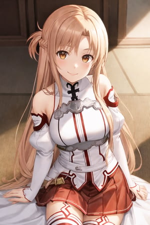 {best quality}, {highly detailed}, masterpiece, beautiful face,{{1girl}}, {{yuuki asuna}}, long hair,  brown hair, braid,  brown eyes,  bare shoulders, white sleeves, detached sleeves, red skirt, pleated skirt,  white thighhighs, shiny skin, {game cg}, {medium breasts}, blurry background, indoors, pov, {{smile}}, from above, {looking at viewer}, {{{yokozuwari}}}, arm support,