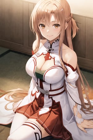 {Best quality}, {Highly detailed}, masterpiece, beautiful face, {{1girl}}, {{yuuki asuna}}, long hair, brown hair, braids, brown eyes, bare shoulders, white sleeves, separated sleeves, red skirt, pleated skirt, white stockings, shiny skin, {game cg}, {big breasts showing cleavage}, blurred background, indoor, pov, {{smile}}, from above, { Looking at the audience}, {{{yokozuwari}}}, arm support,