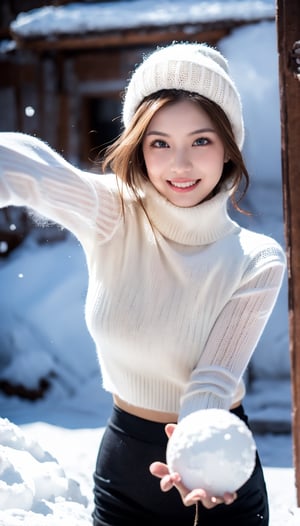1 gorgeous blonde woman with long wavy hair wearing a wool turtleneck sweater, a bonnet on the head and tight pants, 23 ans, she’s a playboy magazine model, (action pose throwing snowball:1.0), having a great fun playing Snowball Fight, smile, happiness, canon 85 mm, Light depth of field, Kodak Ektar 200, perfect fit body, extreme details ,UHD
,3D