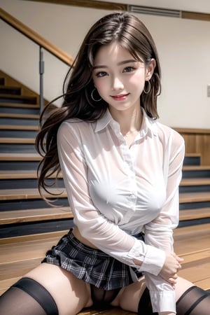 Extremely realistic, best quality, masterpiece, high resolution, high quality, high details, perfect human anatomy, realistic, cute little face and eyes and body and fingers and skin, perfect face and eyes and body and fingers and skin, detailed face plus eyes, body, fingers and skin, 16K,
1 girl on the top of the stairs in the school gymnasium, Japanese style, light brown hair, long hair, wavy hair: 1.2, cute face, perfect female body, big breasts, skinny figure, hairpin, inverted triangle earrings, plaid shirt ( Unbuttoned), (missing bottom fashion), knee-high black stockings, super mini skirt, pink KITTY panties, long-sleeved shirt, blushing, wry smile, big eyes, park, cute pose, high details, pussy fingering, realistic Pictures, ((Full Blast)), 2023, Realism
