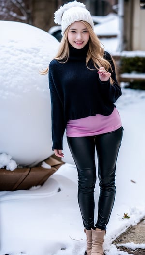 1 gorgeous blonde woman with long wavy hair wearing a wool turtleneck sweater, a bonnet on the head and tight pants, 23 ans, she’s a playboy magazine model, (action pose throwing snowball:1.0), having a great fun playing Snowball Fight, smile, happiness, canon 85 mm, Light depth of field, Kodak Ektar 200, perfect fit body, extreme details ,UHD
,3D, 