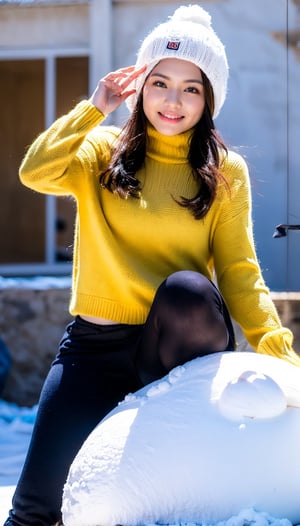 1 gorgeous blonde woman with long wavy hair wearing a wool turtleneck sweater, a bonnet on the head and tight pants, 23 ans, she’s a playboy magazine model, (action pose throwing snowball:1.0), having a great fun playing Snowball Fight, smile, happiness, canon 85 mm, Light depth of field, Kodak Ektar 200, perfect fit body, extreme details ,UHD
,3D, 