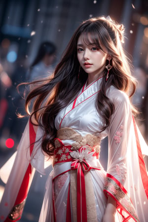 The background is midnight sky,big blue moon,dark night,snow blowing,16 yo, 1 girl,sword,halo,shining bracelet,beautiful hanfu(white, transparent),cape, cloth blowing in wind, solo, {beautiful and detailed eyes}, calm expression, natural and soft light, delicate facial features, cute japanese idol, very small earrings, ((model pose)), Glamor body type, (dark hair:1.2),  beehive,big bun,very_long_hair, hair past hip, curly hair, flim grain, realhands, masterpiece, Best Quality, photorealistic, ultra-detailed, finely detailed, high resolution, perfect dynamic composition, beautiful detailed eyes, eye smile, ((nervous and embarrassed)), sharp-focus, full_body, sexy pose,cowboy_shot,ruanyi0060