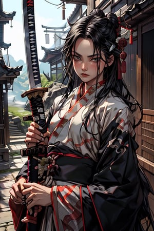 3/4_BODY of an ADULT FEMALE SAMURAI, (LONG_BLACK_HAIR_FEMALE:1.5) PERFECT HANDS HOLDING A KATANA (DETAILED TRADITIPNAL KATANA_SWORD:1.5), standing the top of a mountain and gazing far away, detailed eyes, best quality, masterpiece, beautiful and aesthetic, 16K, (HDR:1.4), high contrast, (vibrant color:0.5), (tmasterpiece, best:1.2), gorgeous perfect symmetrical eyes, tired face, far_away_gaze, (wears detailed TRADITIONAL HANFU:1.5), intricate detailing, finely eye and detailed face, Perfect eyes, Equal eyes, Fantastic lights and shadows, Uses backlight and rim light, huoshen, More Detail, zhurongshi, breakdomain, , Niji style,nodf_lora,niji