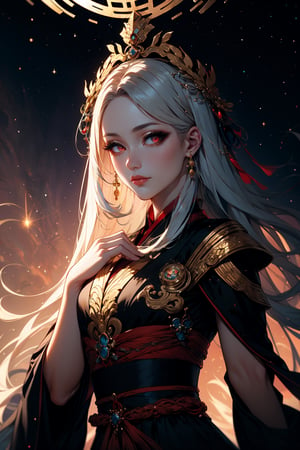 In the luminous aura of an ancient Japanese celestial court, a captivating enchantress graces the scene. With her ethereal white hair cascading down, red eyes gleaming, and adorned in resplendent armor and a stylish black dress, she embodies a fusion of earthly allure and mythical grace. Her glowing eyes and glowing mask add an air of mystery to her regal presence.

Unbeknownst to her, the divine guardian Bai Ze, a mythical creature in Japanese folklore renowned for its wisdom and insights, watches over the enchantress. With an elegant mask of its own and a celestial glow, Bai Ze observes the enchantress with approval, recognizing the harmonious blend of mortal beauty and celestial splendor. The luxurious prombit unfolds as the enchantress and Bai Ze share a moment of cosmic elegance within the celestial realms of Japanese mythology.