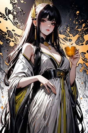 ((masterpiece, best quality, highres, amazing quality, very aesthetic, absurdres, 8k)), muelsyse (arknights),1girl, black long hair, black eyes ,solo,hanfu,chinese grey clothes,splatter background, holding fancy tea cup, niji6,more detail XL,sakimichan style,niji6,<lora:659095807385103906:1.0>