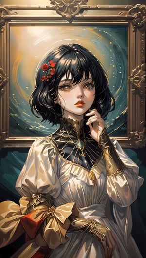 (best quality, masterpiece:1.2),ultra detailed,solo,cute girl,short hair,black hair,shining yellow, white dress, red lips,eyes,dreaming_background,retroartstyle,nodf_lora