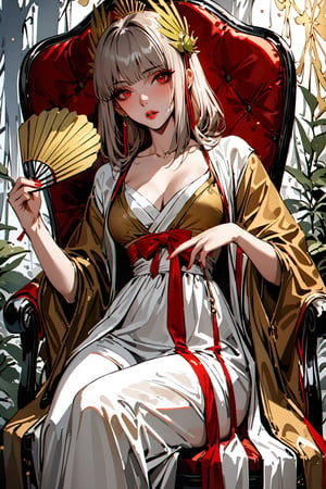 ((masterpiece, best quality, highres, amazing quality, very aesthetic, absurdres, 8k)), muelsyse (arknights),1girl, white medium hair, shining red eyes ,solo,hanfu,chinese grey clothes,splatter background, holding folding handfan, while sitting on traditional chair, niji6,more detail XL,sakimichan style,niji6,<lora:659095807385103906:1.0>