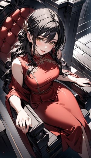 A woman sitting on a throne wearing a red dress. Long black hair with yellow eyes.The angle of the image is from above and the scene has a cinematic lighting, she smiles smugly.