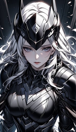 A woman wearing a black armor and armor head. Long white hair with grey eyes.The angle of the image is from above and the scene has a cinematic lighting, cold gaze, thin eyes, mole under the eyes