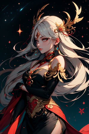 In the luminous aura of an ancient Chinese celestial court, a captivating enchantress graces the scene. With her ethereal white hair cascading down, red eyes gleaming, and adorned in resplendent armor and a stylish black dress, she embodies a fusion of earthly allure and mythical grace. Her glowing eyes and glowing mask add an air of mystery to her regal presence.

Unbeknownst to her, the divine guardian Bai Ze, a mythical creature in Chinese folklore renowned for its wisdom and insights, watches over the enchantress. With an elegant mask of its own and a celestial glow, Bai Ze observes the enchantress with approval, recognizing the harmonious blend of mortal beauty and celestial splendor. The luxurious prombit unfolds as the enchantress and Bai Ze share a moment of cosmic elegance within the celestial realms of Chinese mythology.,perfect