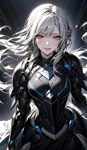 A woman wearing a black armor. Long white hair with grey eyes.The angle of the image is from above and the scene has a cinematic lighting, she smiles smugly.