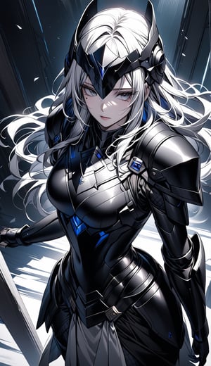 A woman wearing a black armor and armor head. Long white hair with grey eyes.The angle of the image is from above and the scene has a cinematic lighting, cold gaze, thin eyes, mole under the eyes