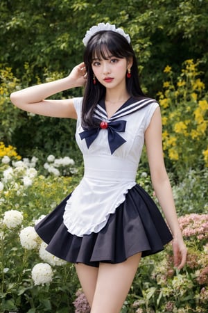 (masterpiece, best quality, very aesthetic, ultra detailed), intricate details, 4k, aamars, long hair, black hair, earrings, (lora:sailor_mars_animaginexl_v1:0.9), maid, maid headdress, garden, standing, cowboy shot, skirt hold,