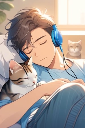 A young man dressed in casual clothes, listening to music using headphones, with a beautiful cat sleeping on his chest
