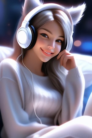 Disena una imagen de chica sexy usando audifonos y relajada escuchando musica con dientes blancos y ropa de descanso