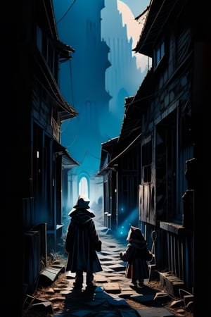 Un anciano guiando a un niño hacia un misterioso lugar, oscuro lleno de libros